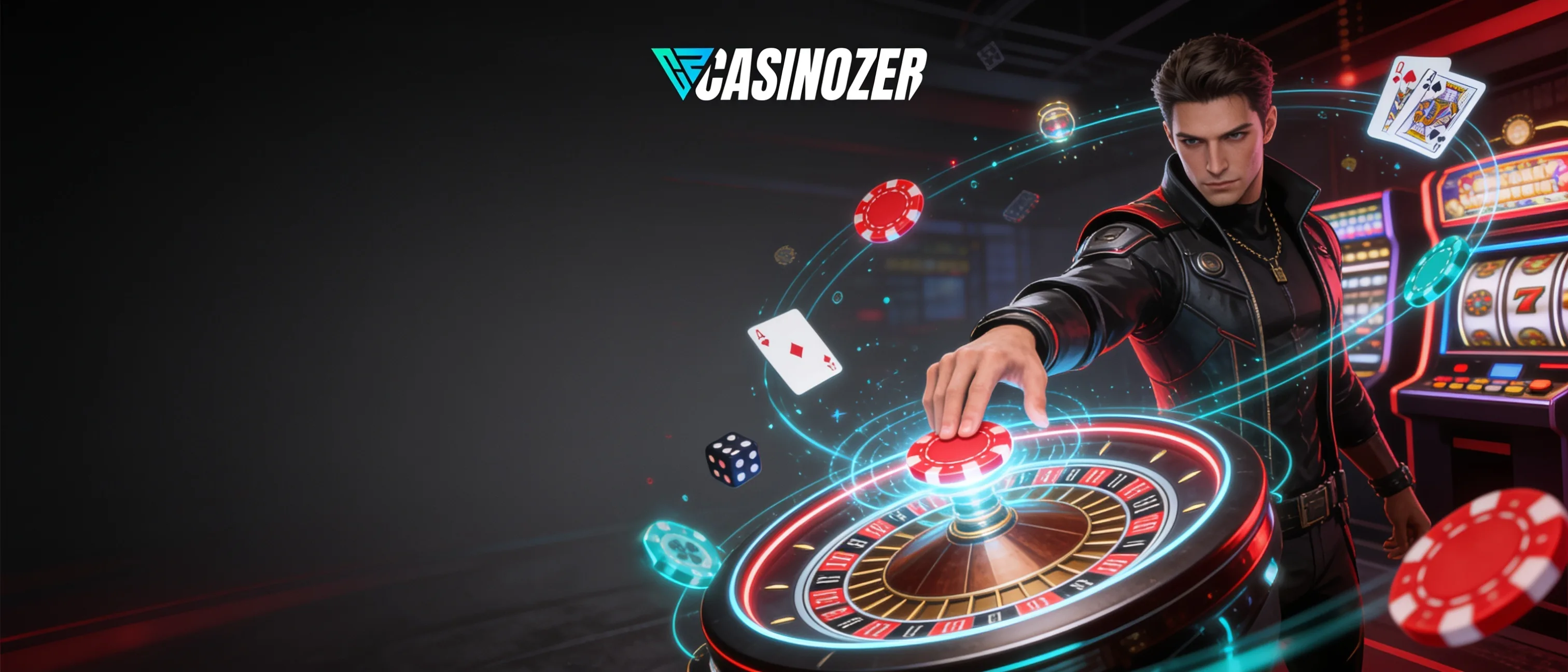 Personnage devant une roulette et des machines à sous dans un casino